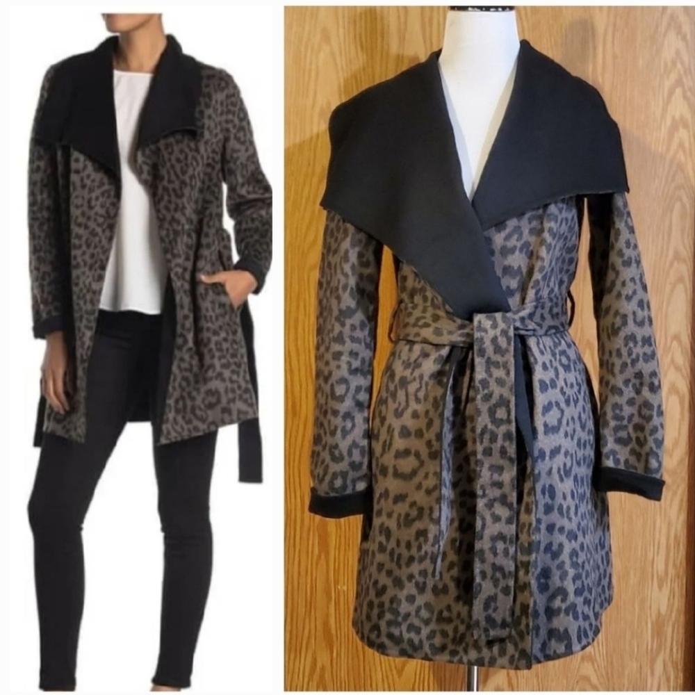Tahari Ella Leopard print double faced wool wrap belted coat Size S